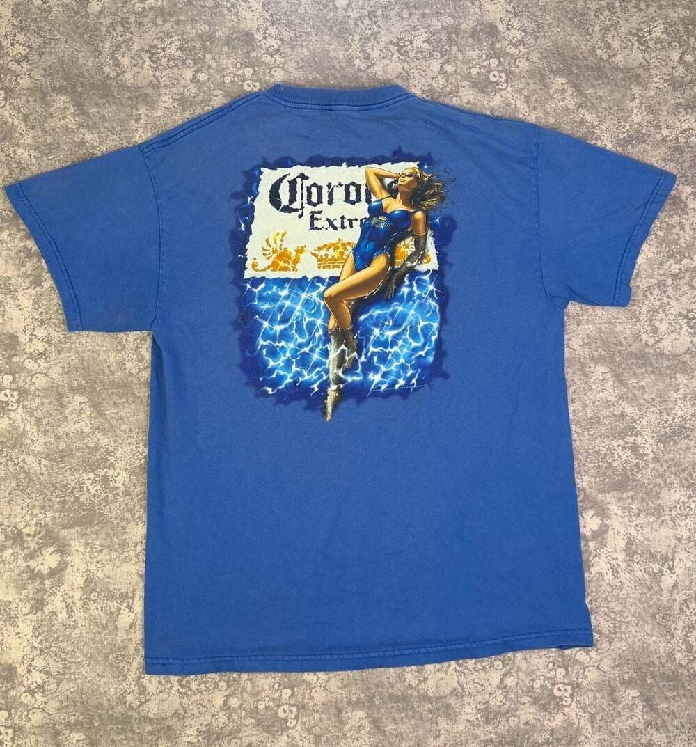 Vintage 2005 Corona Extra T-Shirt Size XL Blue Bikini Girl Graphic Beer Promo